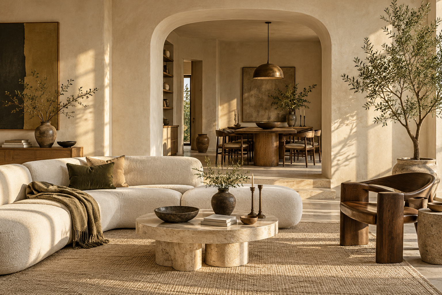 Concept d’intérieur chaleureux, avec une arche, du bois et un mobilier aux formes douces.